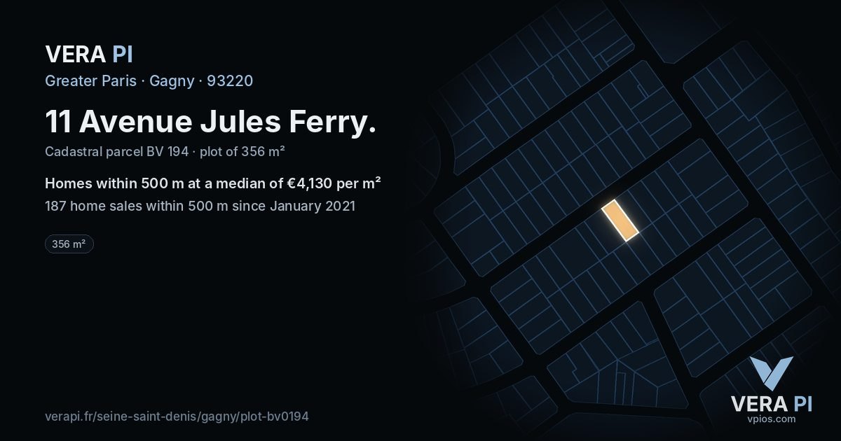 11 Avenue Jules Ferry, Gagny at night – the plot lit, the parcels around coloured by the prices near them
