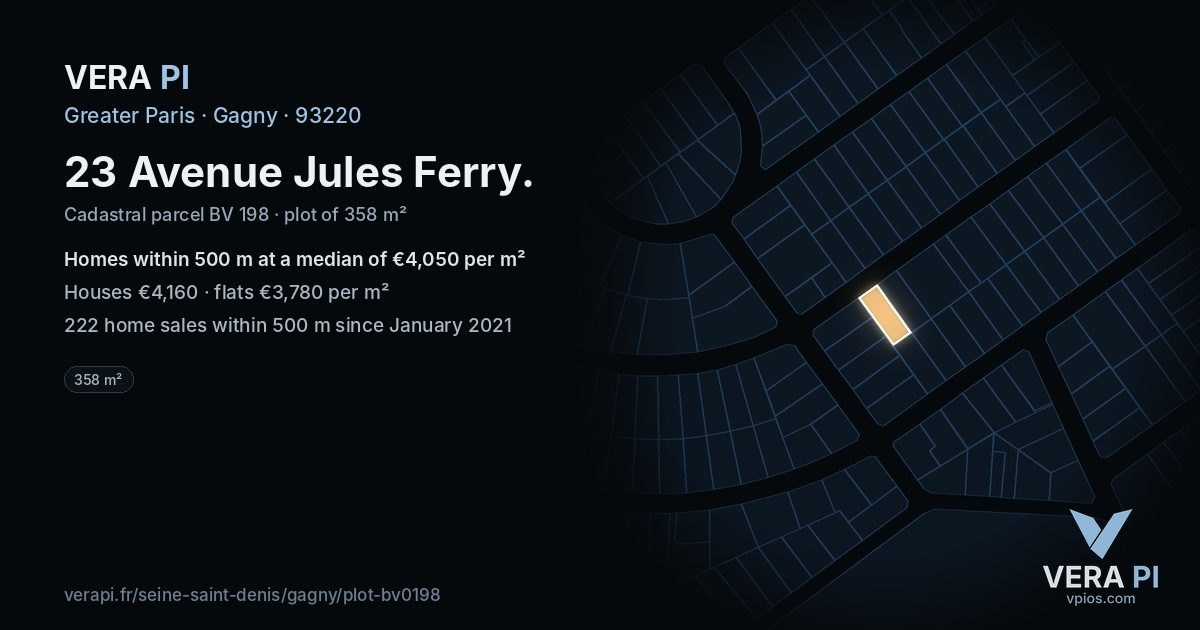 23 Avenue Jules Ferry, Gagny at night – the plot lit, the parcels around coloured by the prices near them