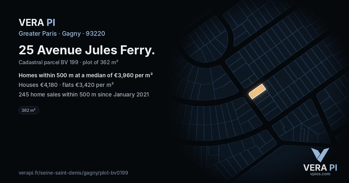 25 Avenue Jules Ferry, Gagny at night – the plot lit, the parcels around coloured by the prices near them
