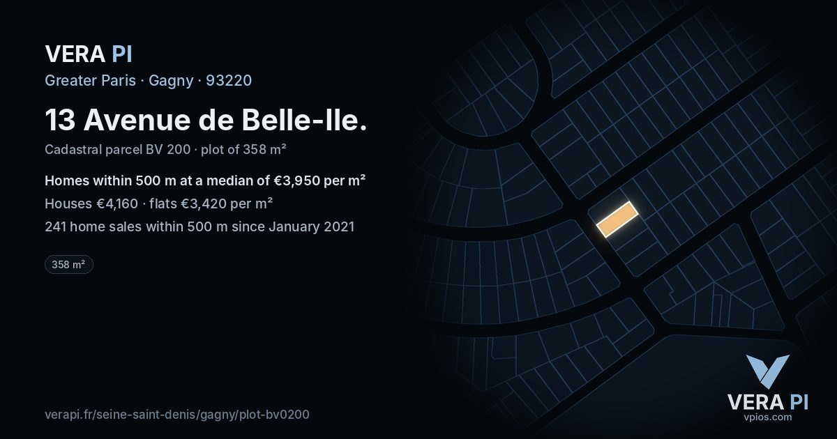 13 Avenue de Belle-Ile, Gagny at night – the plot lit, the parcels around coloured by the prices near them