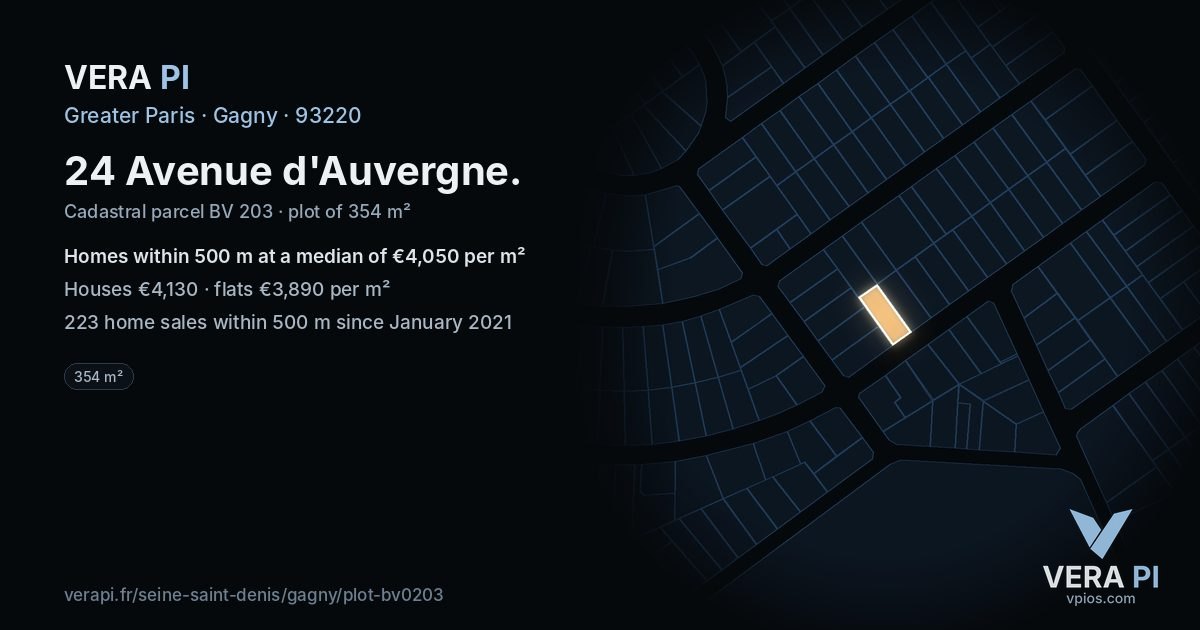 24 Avenue d'Auvergne, Gagny at night – the plot lit, the parcels around coloured by the prices near them