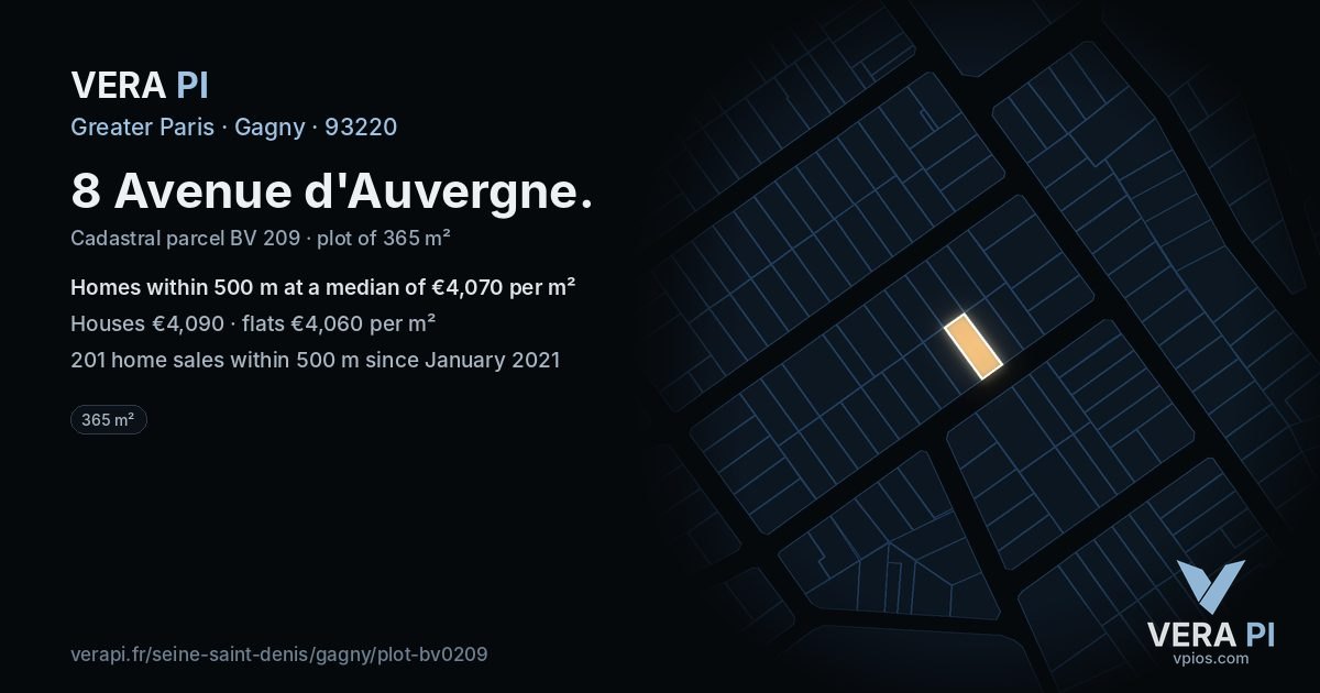 8 Avenue d'Auvergne, Gagny at night – the plot lit, the parcels around coloured by the prices near them