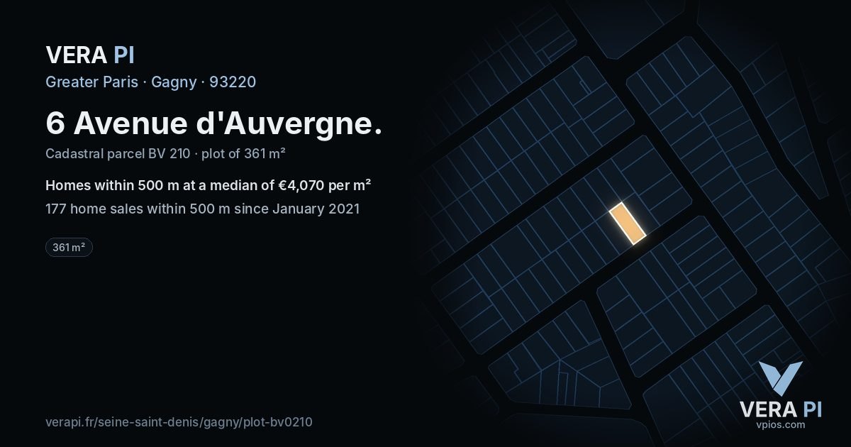 6 Avenue d'Auvergne, Gagny at night – the plot lit, the parcels around coloured by the prices near them
