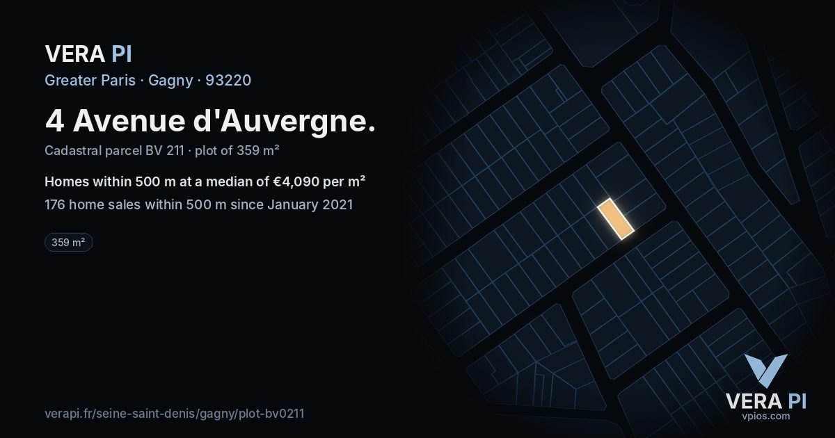 4 Avenue d'Auvergne, Gagny at night – the plot lit, the parcels around coloured by the prices near them