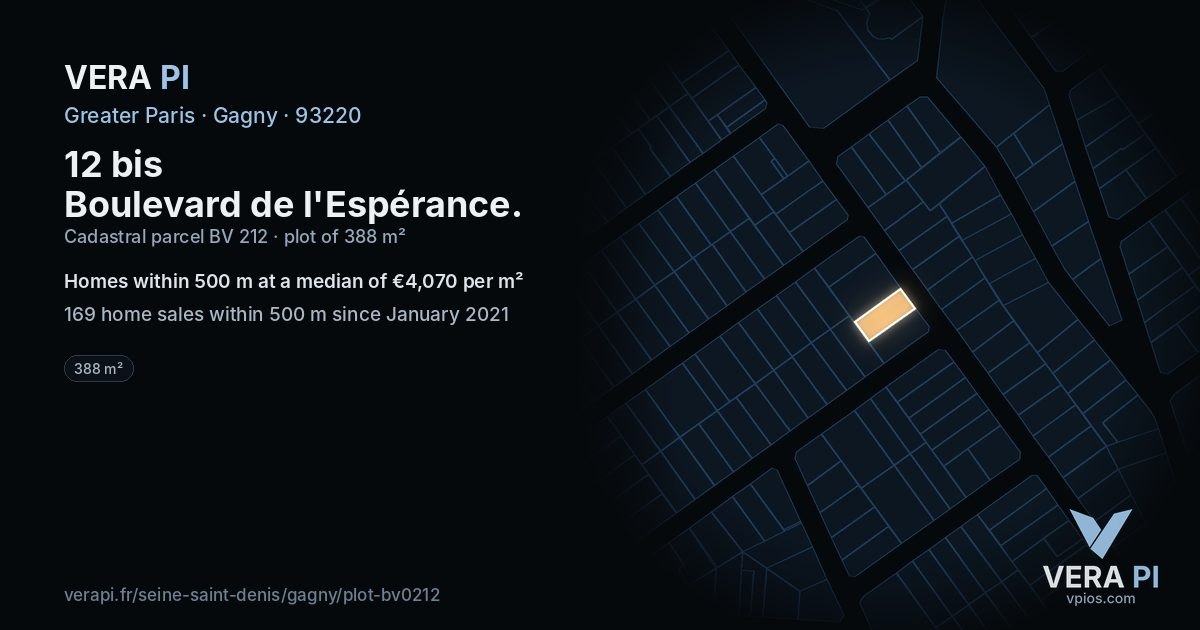 12 bis Boulevard de l'Espérance, Gagny at night – the plot lit, the parcels around coloured by the prices near them