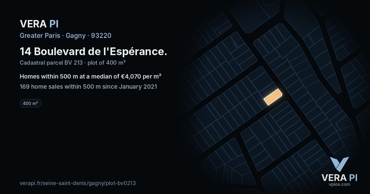 14 Boulevard de l'Espérance, Gagny at night – the plot lit, the parcels around coloured by the prices near them