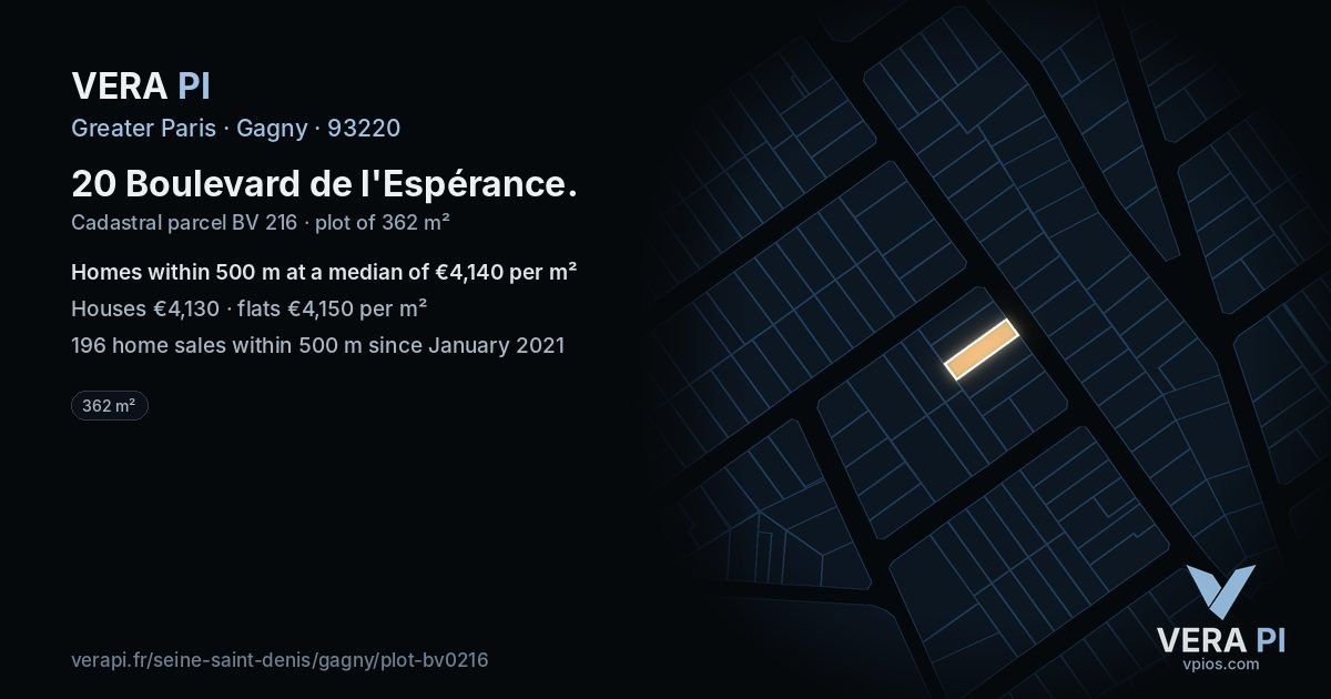 20 Boulevard de l'Espérance, Gagny at night – the plot lit, the parcels around coloured by the prices near them