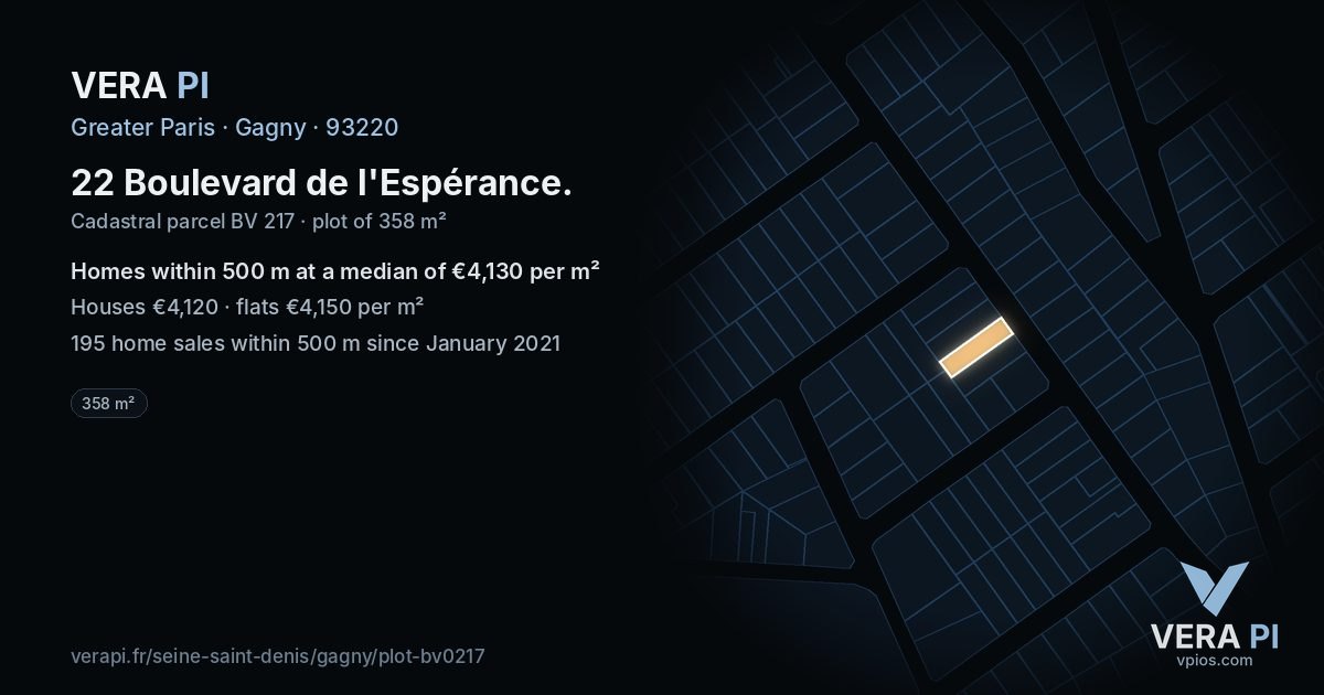 22 Boulevard de l'Espérance, Gagny at night – the plot lit, the parcels around coloured by the prices near them