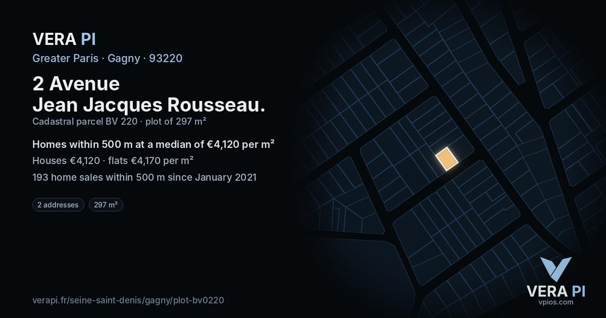 2 Avenue Jean Jacques Rousseau, Gagny at night – the plot lit, the parcels around coloured by the prices near them
