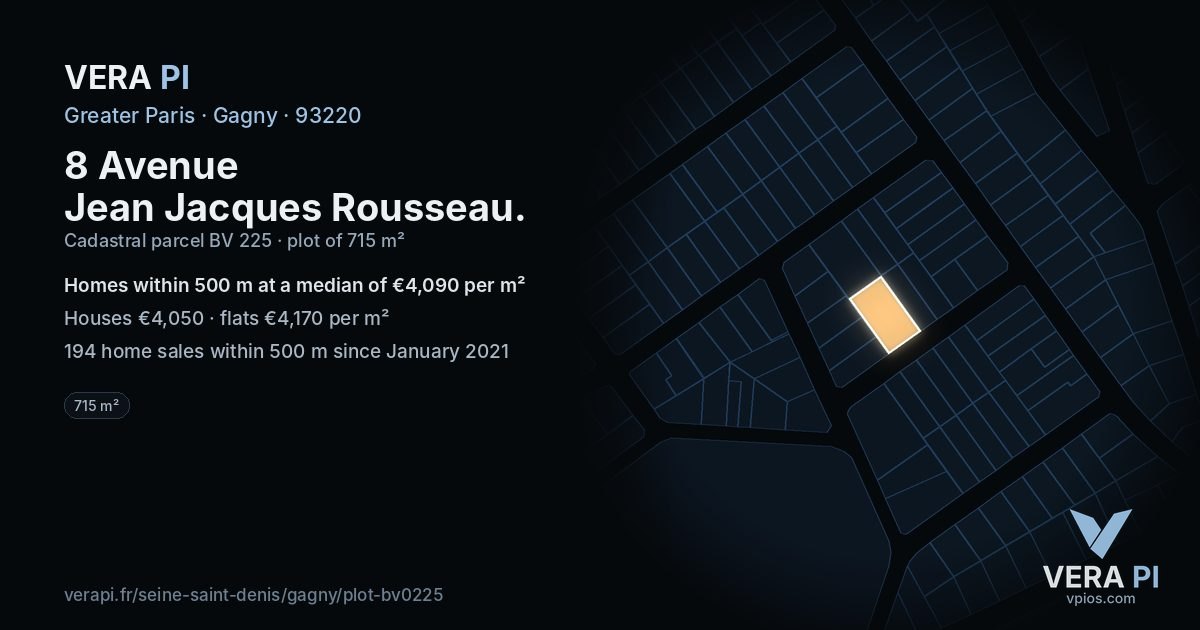 8 Avenue Jean Jacques Rousseau, Gagny at night – the plot lit, the parcels around coloured by the prices near them