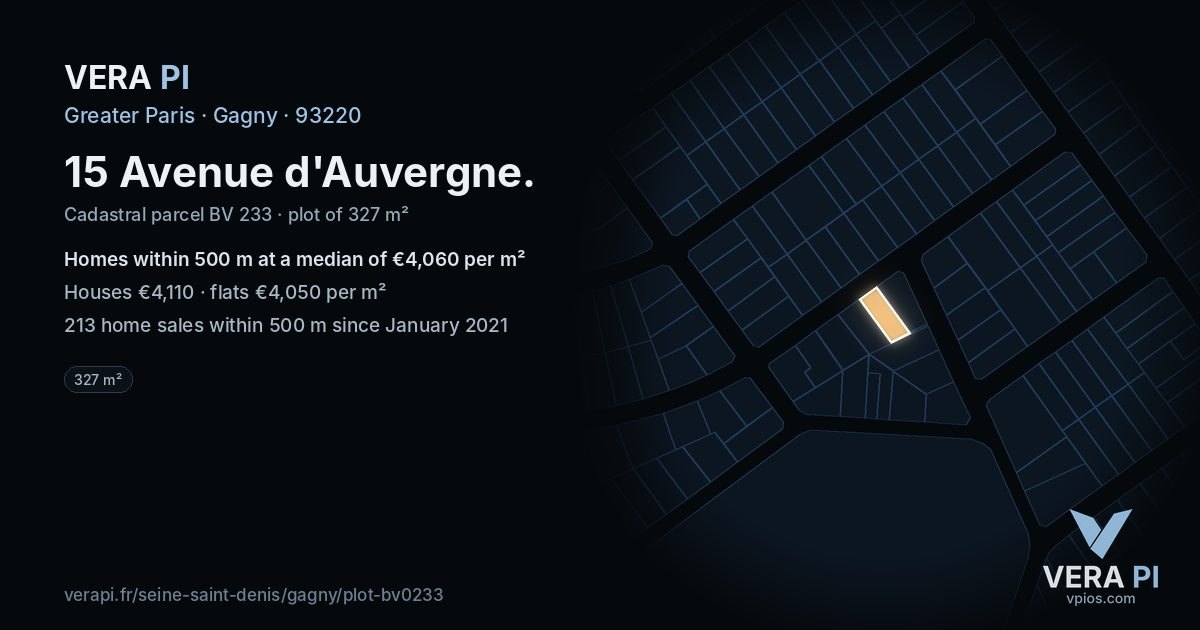15 Avenue d'Auvergne, Gagny at night – the plot lit, the parcels around coloured by the prices near them