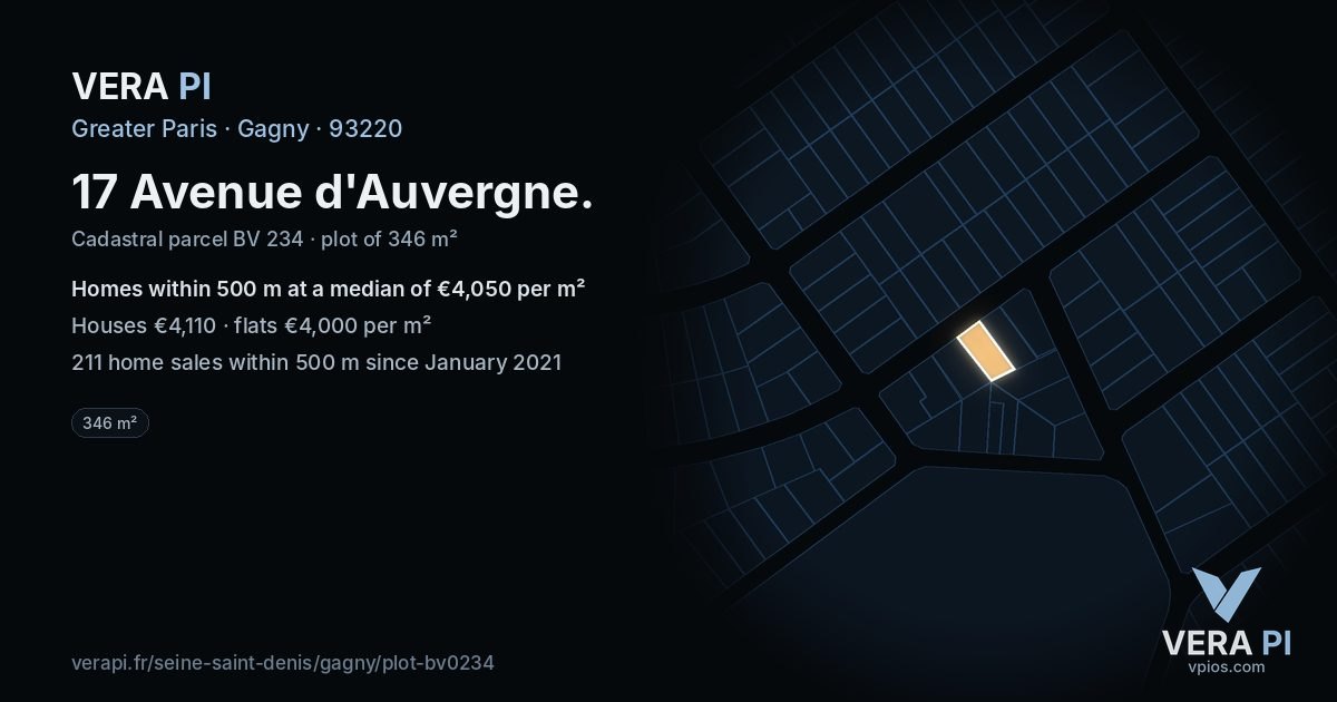 17 Avenue d'Auvergne, Gagny at night – the plot lit, the parcels around coloured by the prices near them