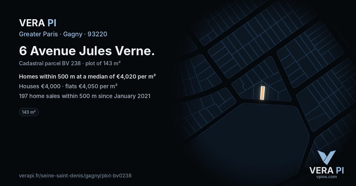 6 Avenue Jules Verne, Gagny at night – the plot lit, the parcels around coloured by the prices near them