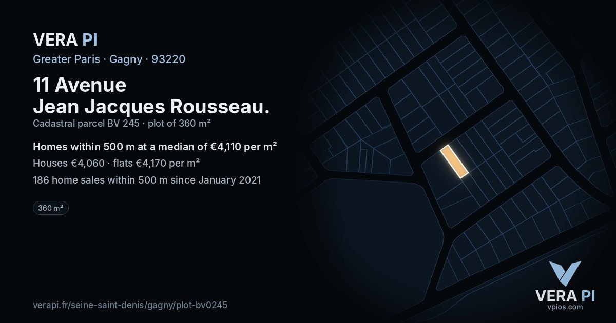 11 Avenue Jean Jacques Rousseau, Gagny at night – the plot lit, the parcels around coloured by the prices near them