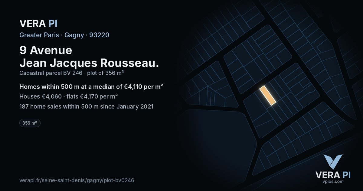 9 Avenue Jean Jacques Rousseau, Gagny at night – the plot lit, the parcels around coloured by the prices near them