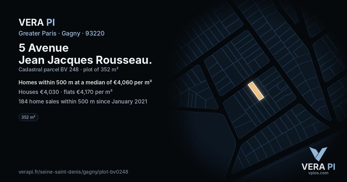 5 Avenue Jean Jacques Rousseau, Gagny at night – the plot lit, the parcels around coloured by the prices near them