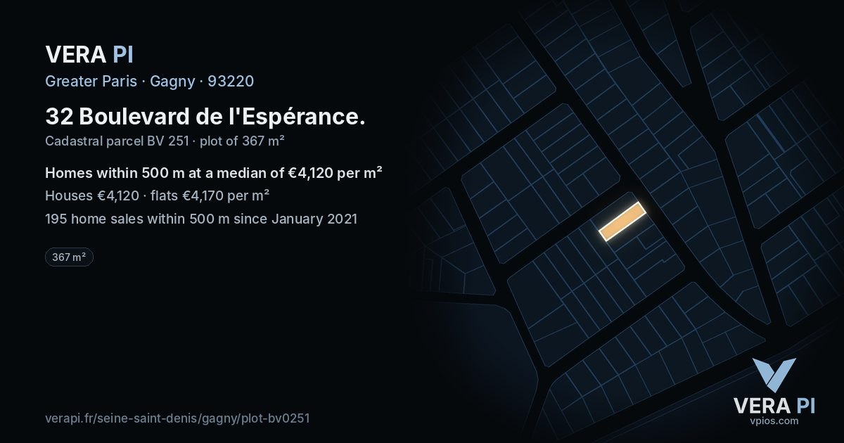 32 Boulevard de l'Espérance, Gagny at night – the plot lit, the parcels around coloured by the prices near them