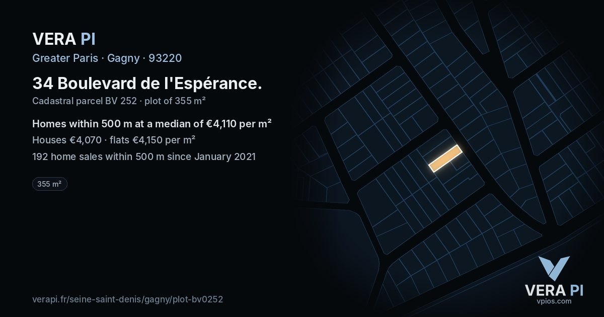 34 Boulevard de l'Espérance, Gagny at night – the plot lit, the parcels around coloured by the prices near them