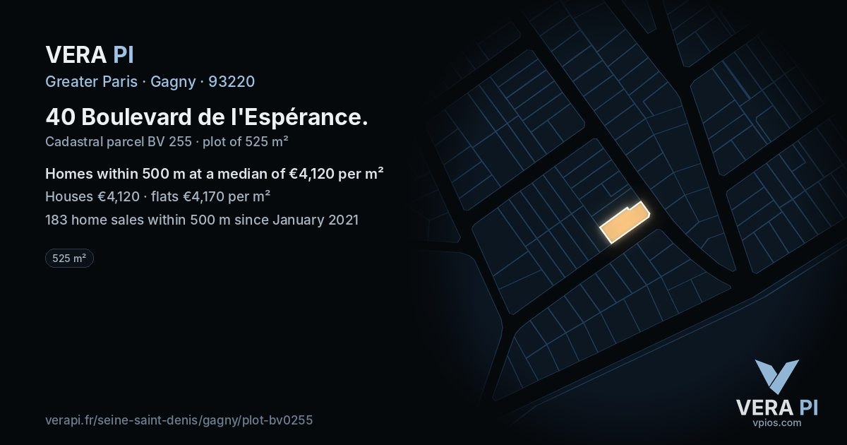 40 Boulevard de l'Espérance, Gagny at night – the plot lit, the parcels around coloured by the prices near them