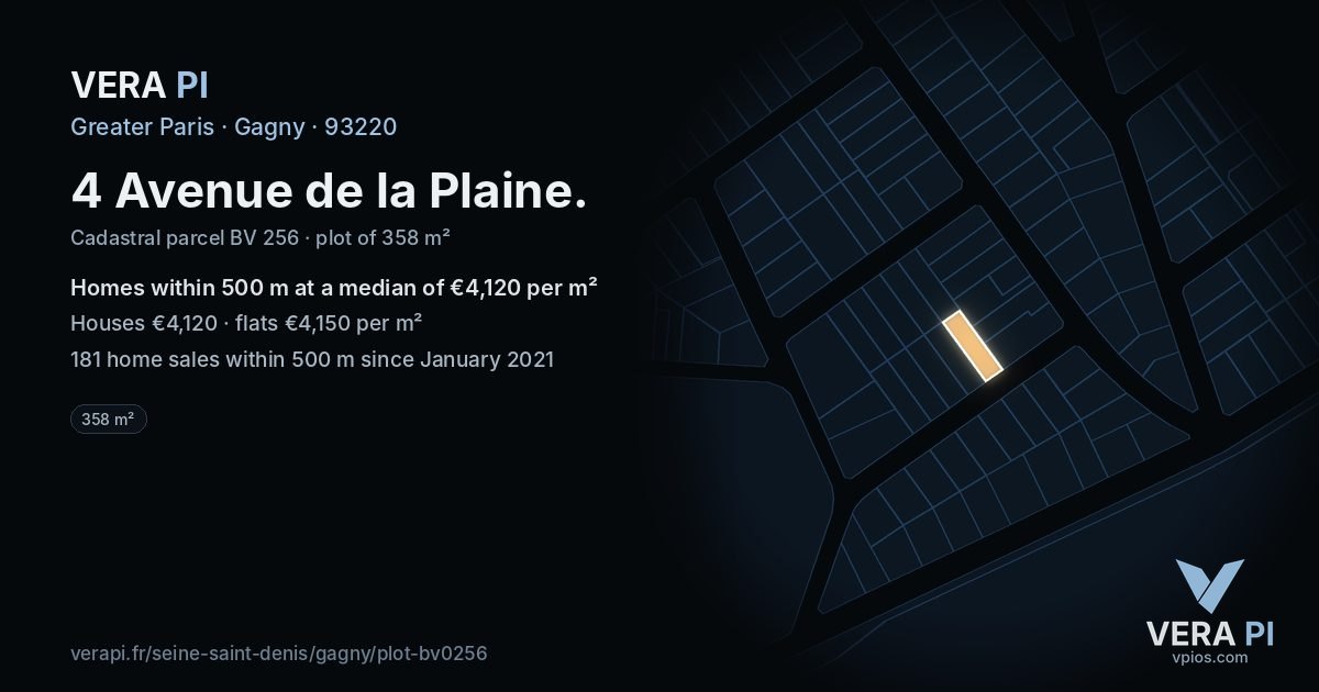 4 Avenue de la Plaine, Gagny at night – the plot lit, the parcels around coloured by the prices near them