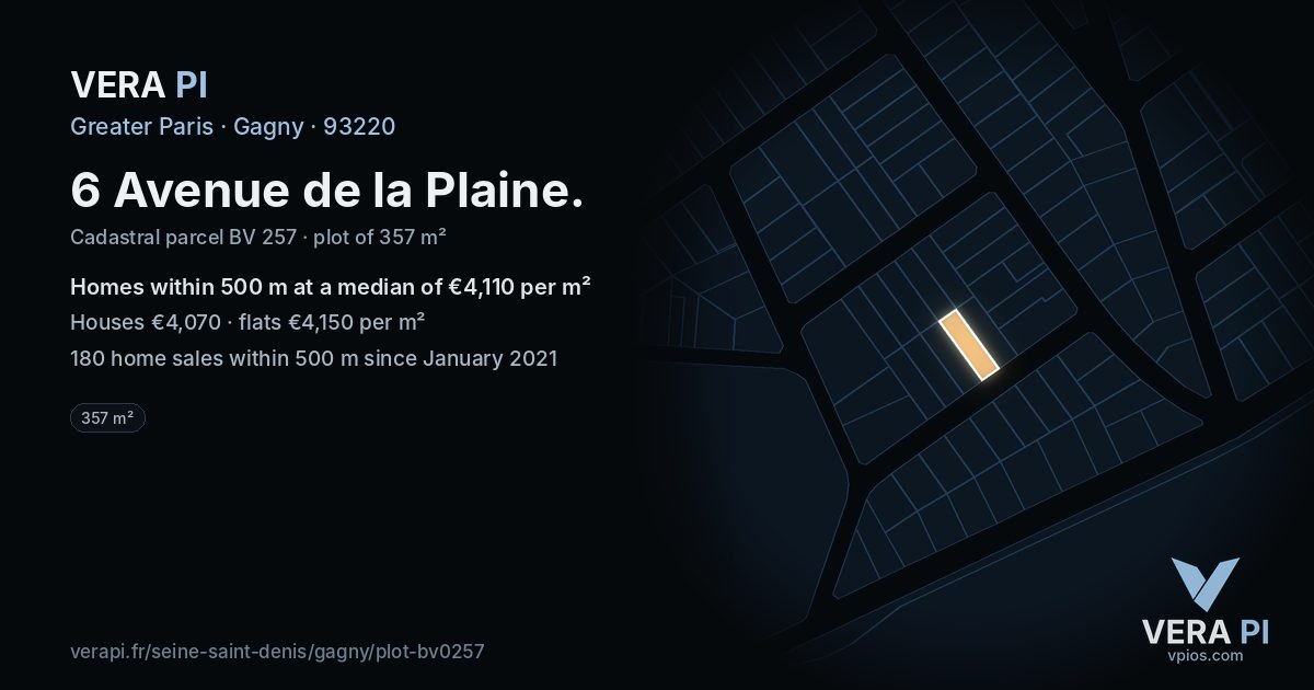 6 Avenue de la Plaine, Gagny at night – the plot lit, the parcels around coloured by the prices near them