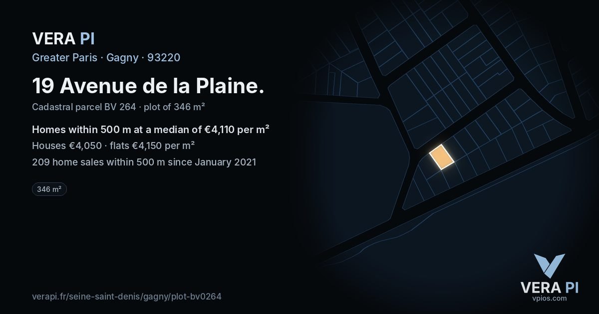 19 Avenue de la Plaine, Gagny at night – the plot lit, the parcels around coloured by the prices near them