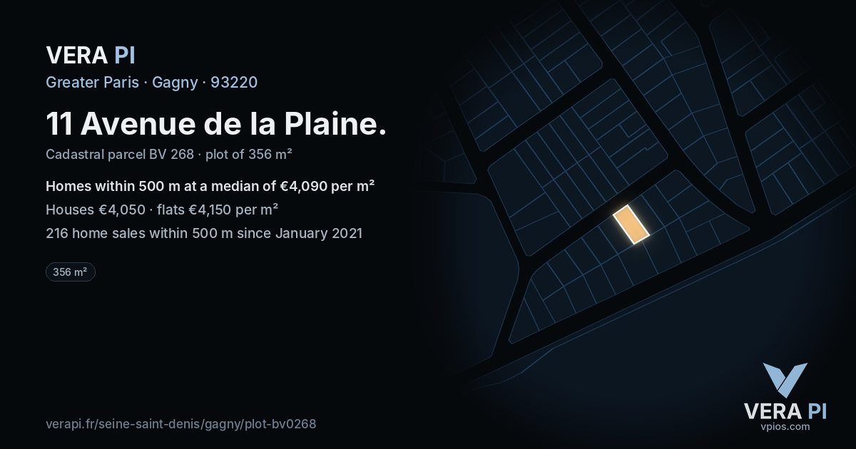 11 Avenue de la Plaine, Gagny at night – the plot lit, the parcels around coloured by the prices near them