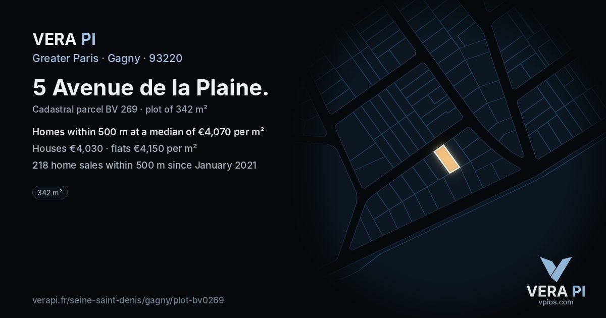 5 Avenue de la Plaine, Gagny at night – the plot lit, the parcels around coloured by the prices near them