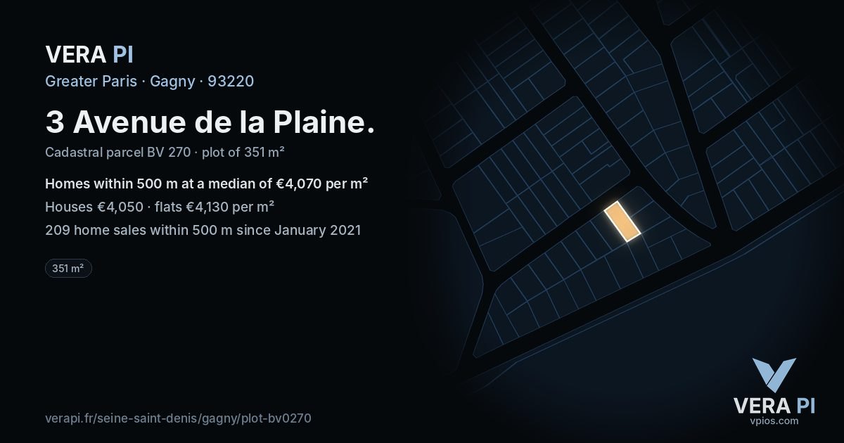 3 Avenue de la Plaine, Gagny at night – the plot lit, the parcels around coloured by the prices near them