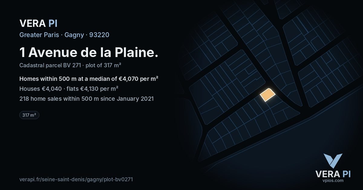 1 Avenue de la Plaine, Gagny at night – the plot lit, the parcels around coloured by the prices near them
