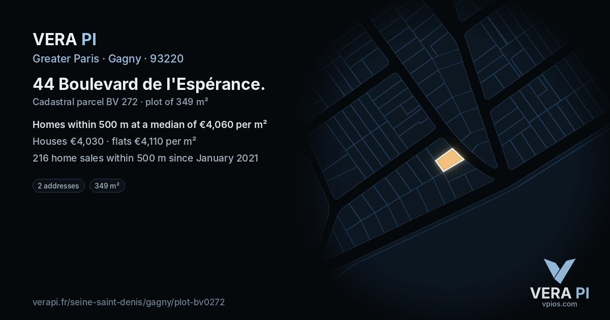 44 Boulevard de l'Espérance, Gagny at night – the plot lit, the parcels around coloured by the prices near them