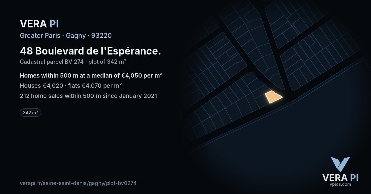 48 Boulevard de l'Espérance, Gagny at night – the plot lit, the parcels around coloured by the prices near them
