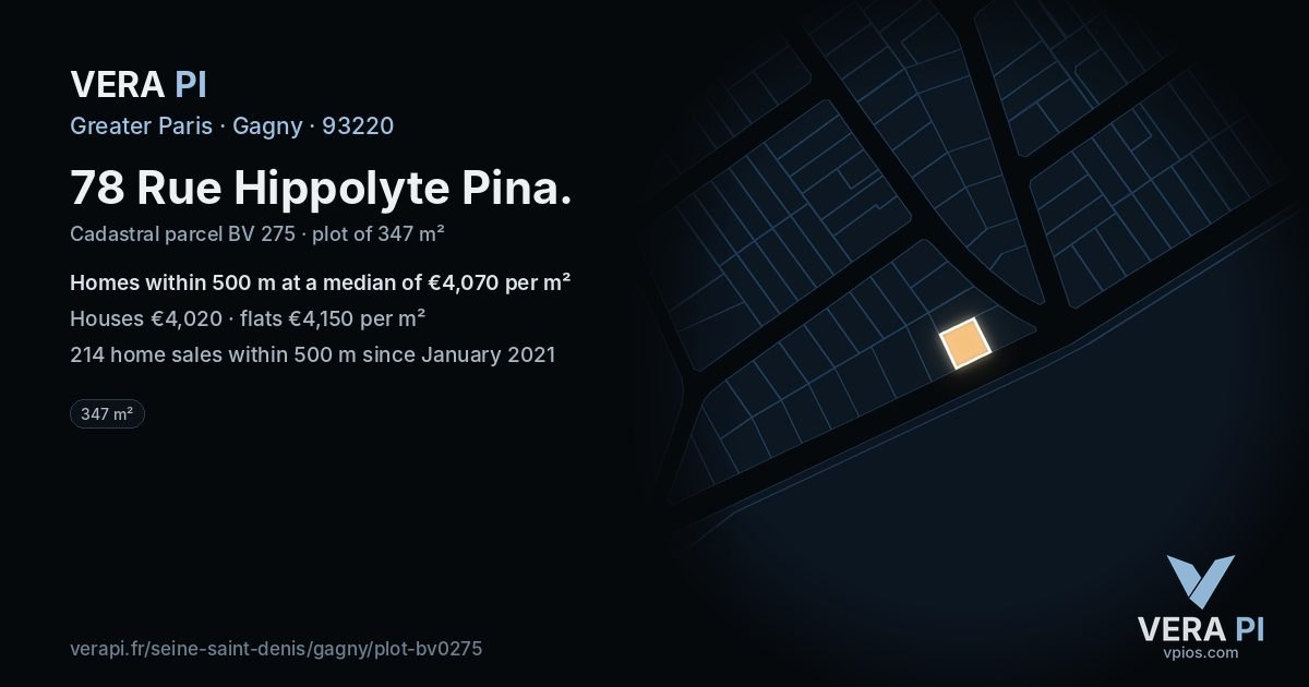 78 Rue Hippolyte Pina, Gagny at night – the plot lit, the parcels around coloured by the prices near them