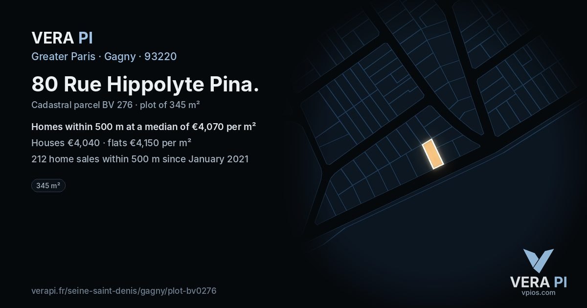 80 Rue Hippolyte Pina, Gagny at night – the plot lit, the parcels around coloured by the prices near them