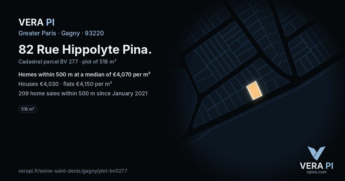 82 Rue Hippolyte Pina, Gagny at night – the plot lit, the parcels around coloured by the prices near them