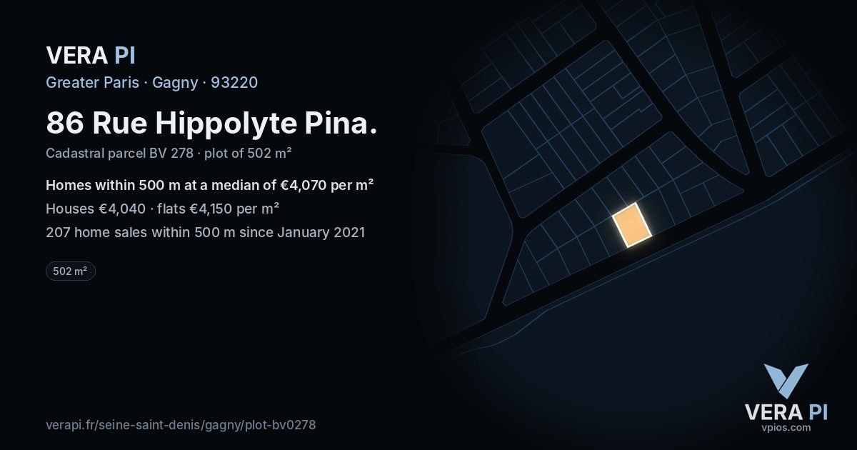 86 Rue Hippolyte Pina, Gagny at night – the plot lit, the parcels around coloured by the prices near them