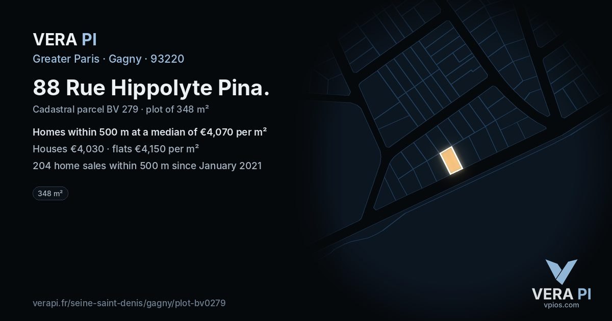 88 Rue Hippolyte Pina, Gagny at night – the plot lit, the parcels around coloured by the prices near them