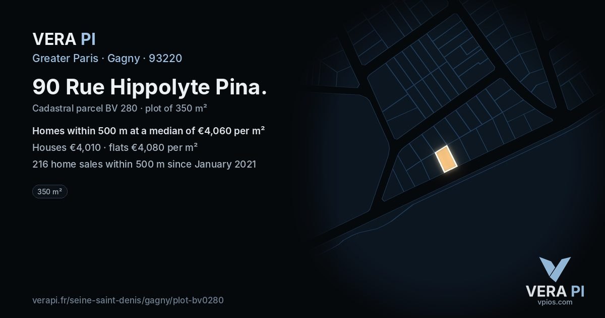 90 Rue Hippolyte Pina, Gagny at night – the plot lit, the parcels around coloured by the prices near them