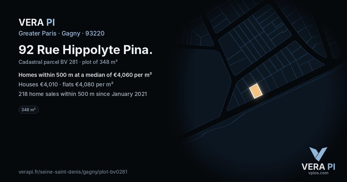 92 Rue Hippolyte Pina, Gagny at night – the plot lit, the parcels around coloured by the prices near them