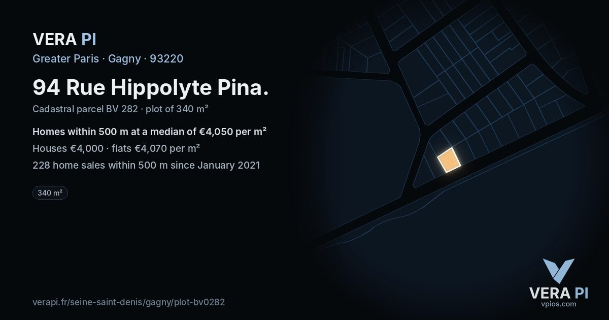 94 Rue Hippolyte Pina, Gagny at night – the plot lit, the parcels around coloured by the prices near them
