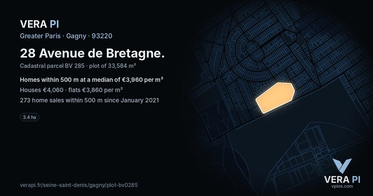 28 Avenue de Bretagne, Gagny at night – the plot lit, the parcels around coloured by the prices near them