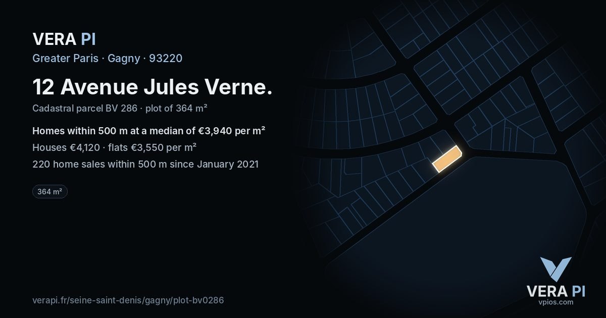 12 Avenue Jules Verne, Gagny at night – the plot lit, the parcels around coloured by the prices near them