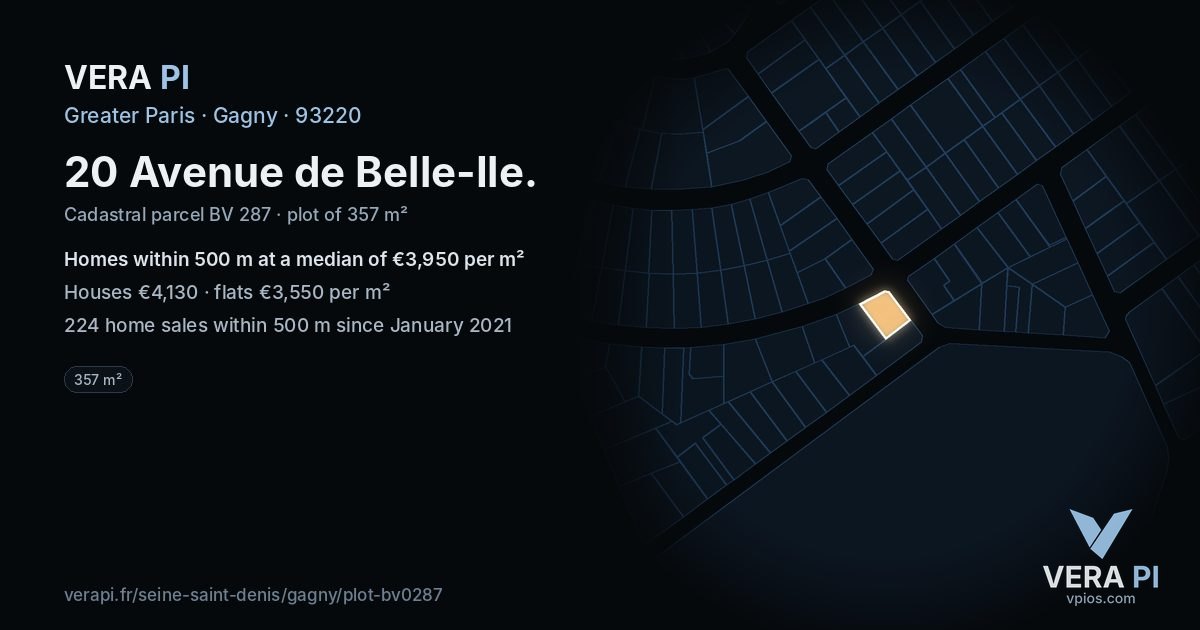 20 Avenue de Belle-Ile, Gagny at night – the plot lit, the parcels around coloured by the prices near them