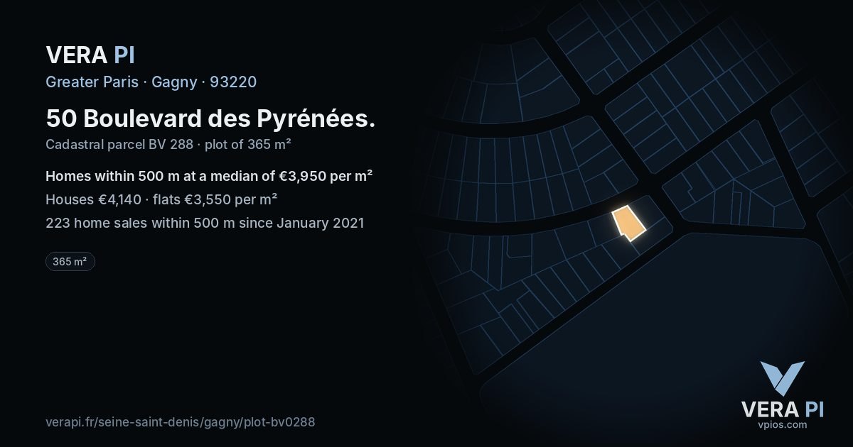 50 Boulevard des Pyrénées, Gagny at night – the plot lit, the parcels around coloured by the prices near them