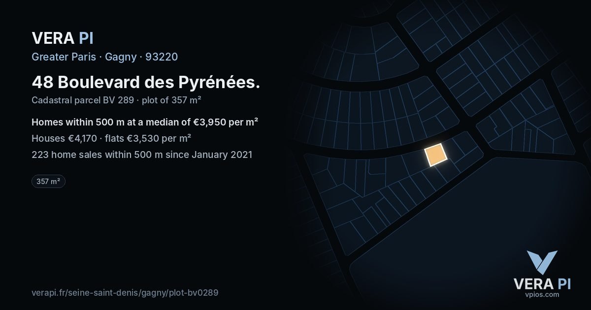 48 Boulevard des Pyrénées, Gagny at night – the plot lit, the parcels around coloured by the prices near them