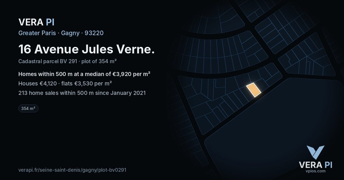 16 Avenue Jules Verne, Gagny at night – the plot lit, the parcels around coloured by the prices near them