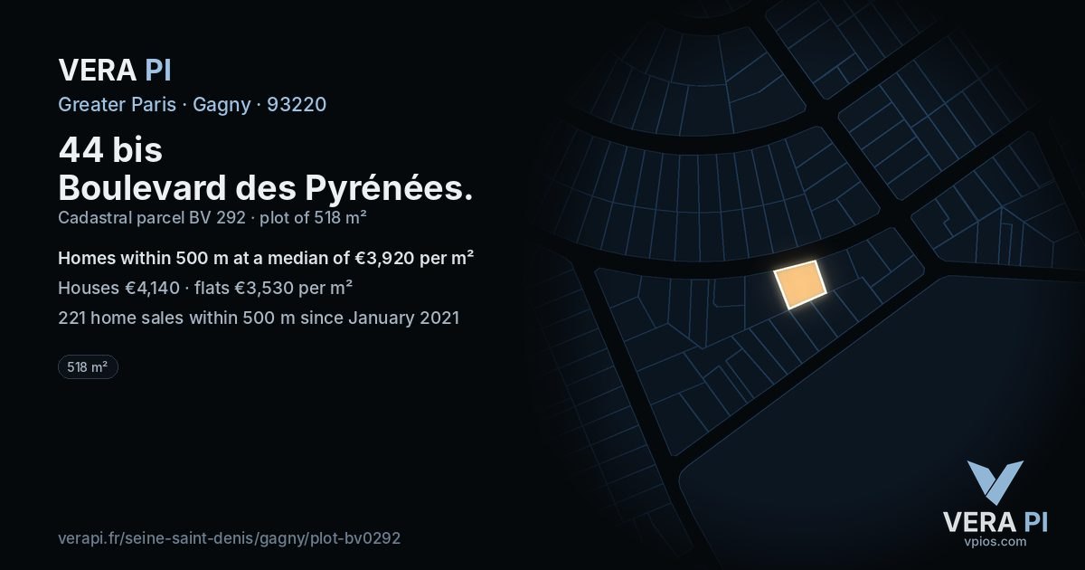 44 bis Boulevard des Pyrénées, Gagny at night – the plot lit, the parcels around coloured by the prices near them