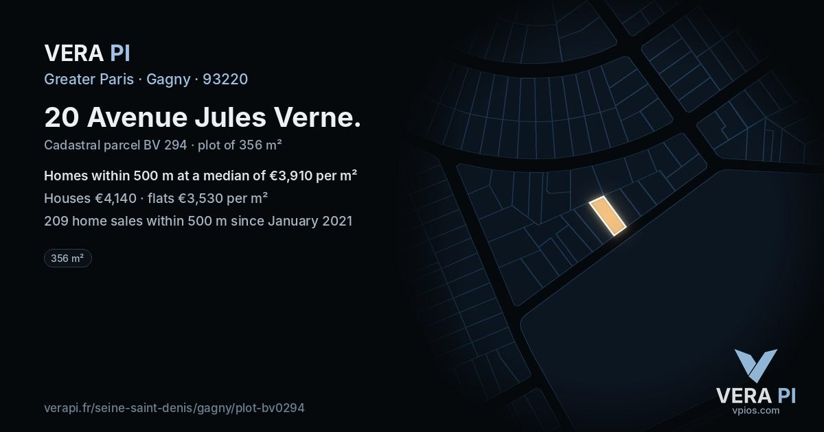 20 Avenue Jules Verne, Gagny at night – the plot lit, the parcels around coloured by the prices near them