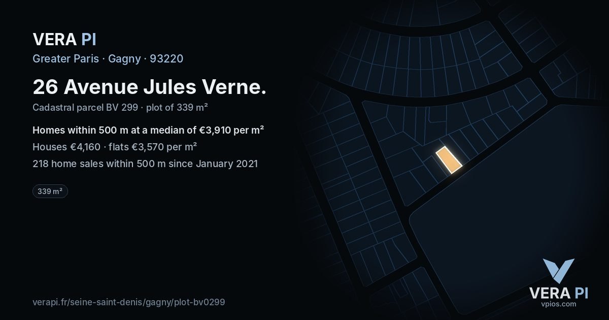 26 Avenue Jules Verne, Gagny at night – the plot lit, the parcels around coloured by the prices near them
