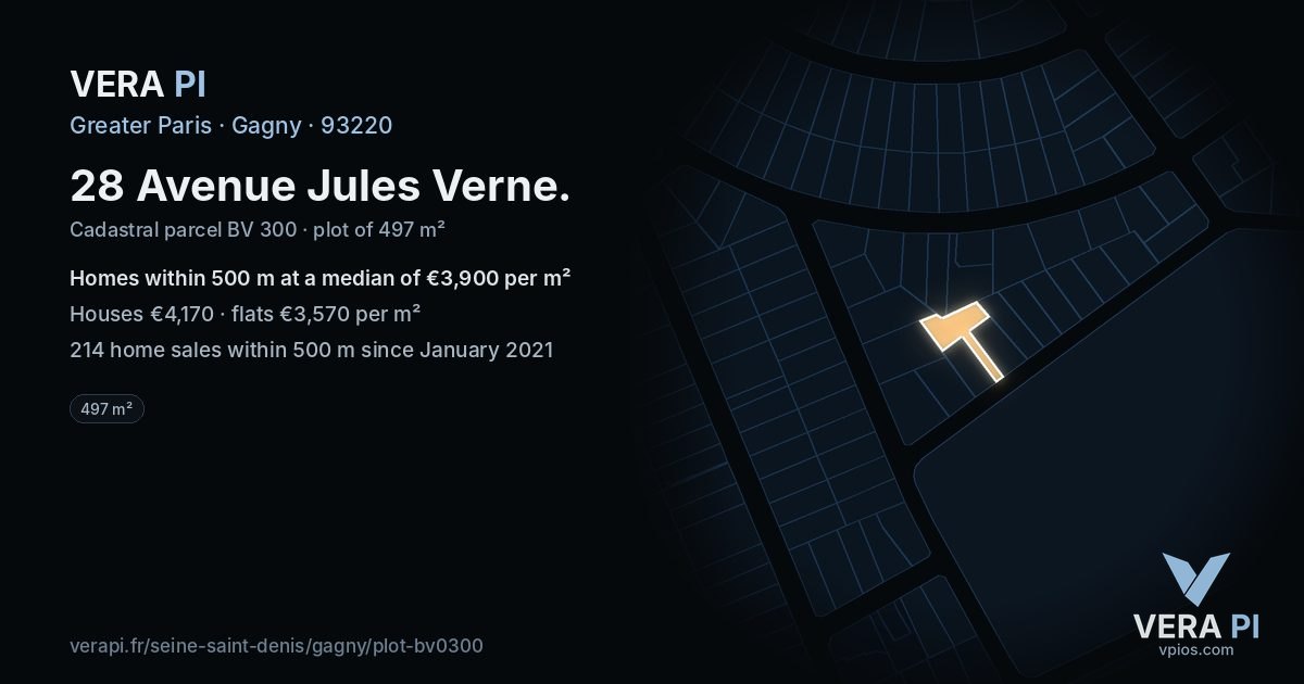 28 Avenue Jules Verne, Gagny at night – the plot lit, the parcels around coloured by the prices near them